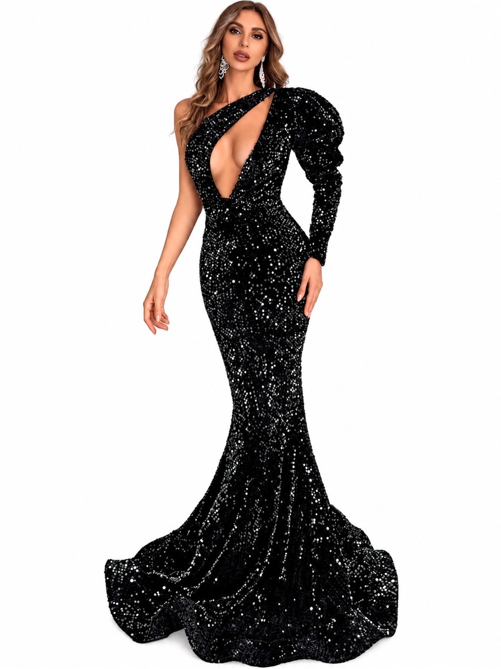 Black Sequin One-Shoulder Mermaid Evening Dress